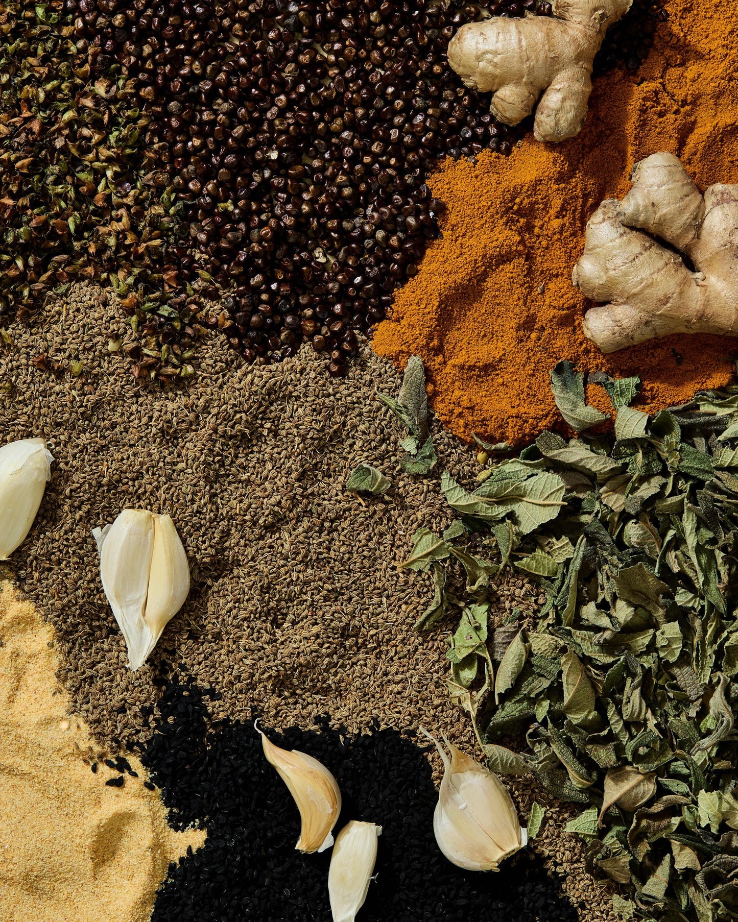 Flat lay of Ethiopian spice ingredients including turmeric, garlic, ginger, black cardamom, ajwain, and dried herbs used in butter seasoning.