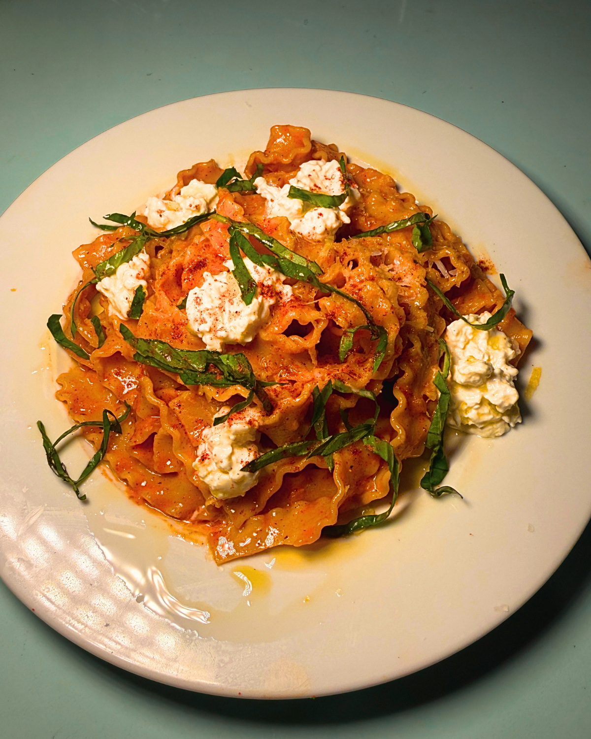 Mitmita Pasta with Straciatella and Basil