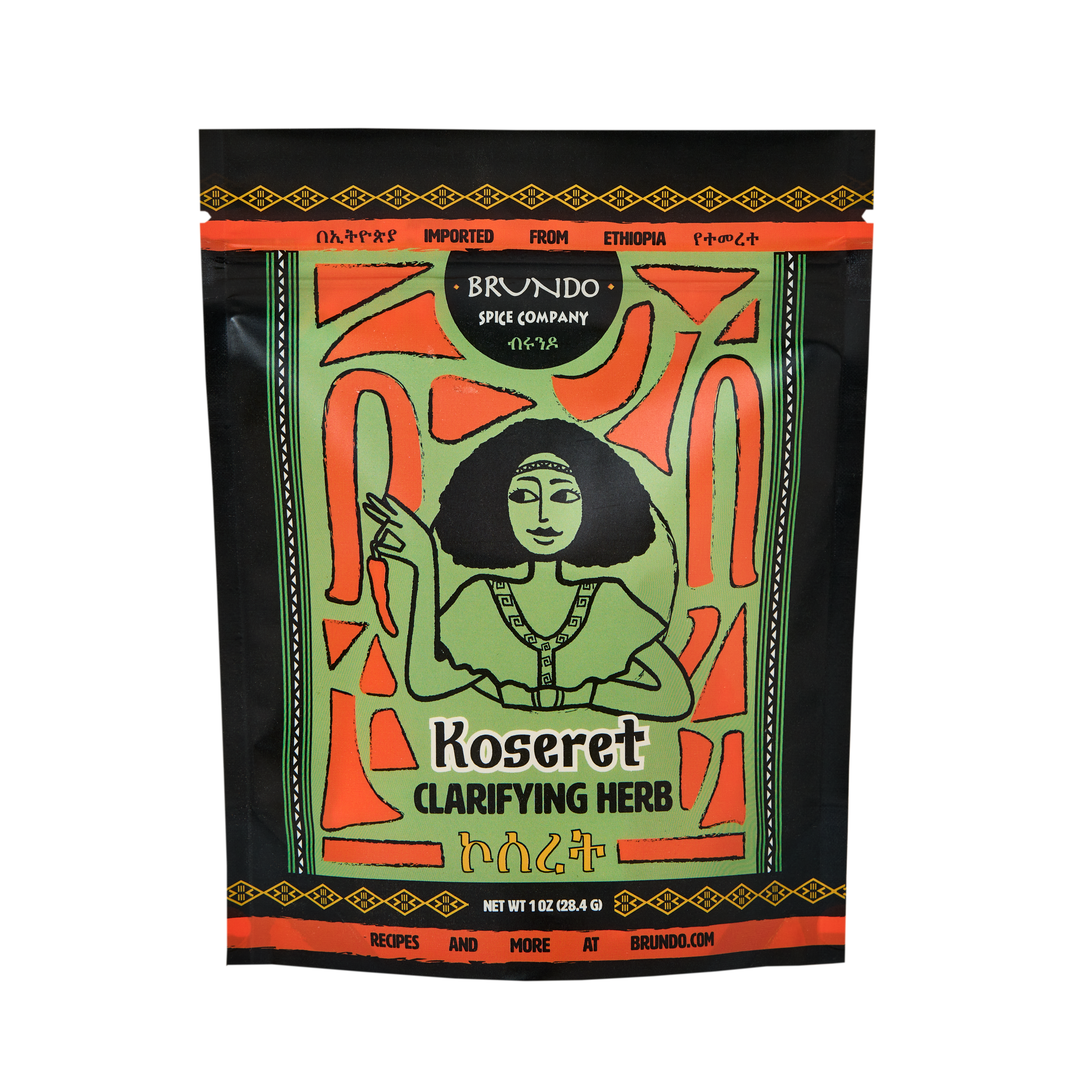 Brundo Spice Company Koseret Clarifying Herb pouch displayed on a bed of dried Ethiopian koseret leaves.