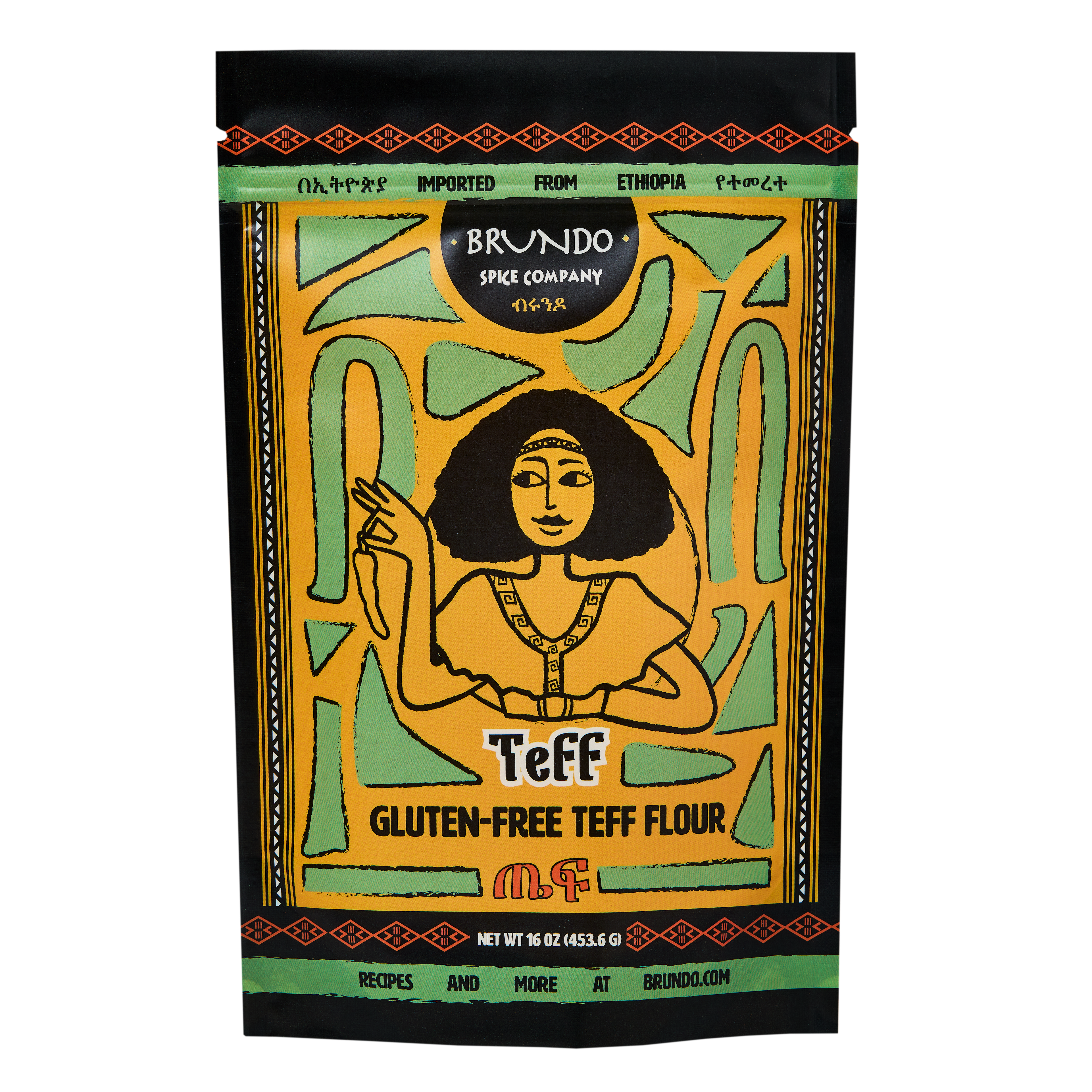 Brundo Spice Company Teff Gluten-Free Teff Flour pouch resting on a smooth bed of fine teff flour.
