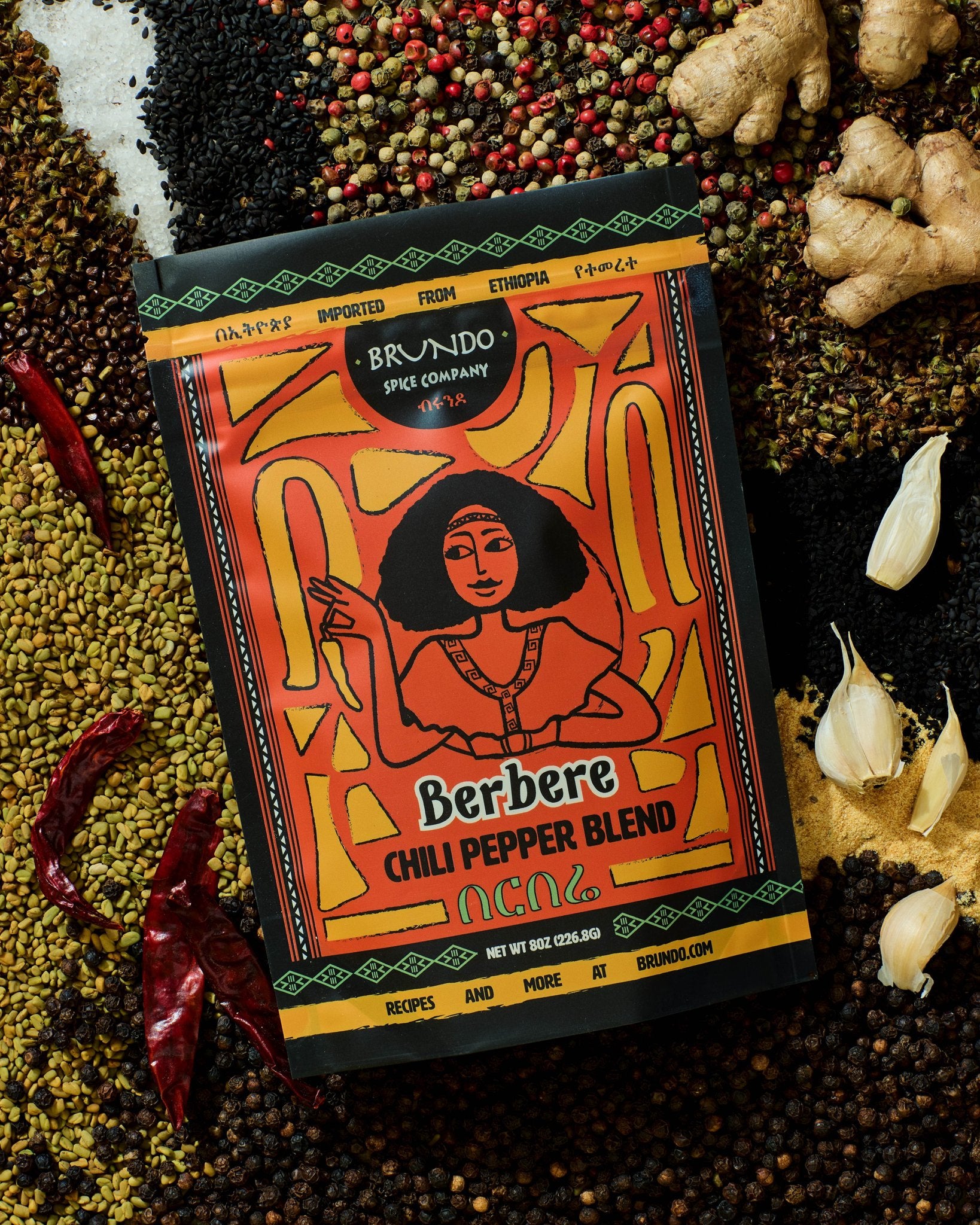 Brundo Spice Company Berbere Chili Pepper Blend jar placed on a bed of black seeds, dried chilies, peppercorns, garlic, and ginger.
