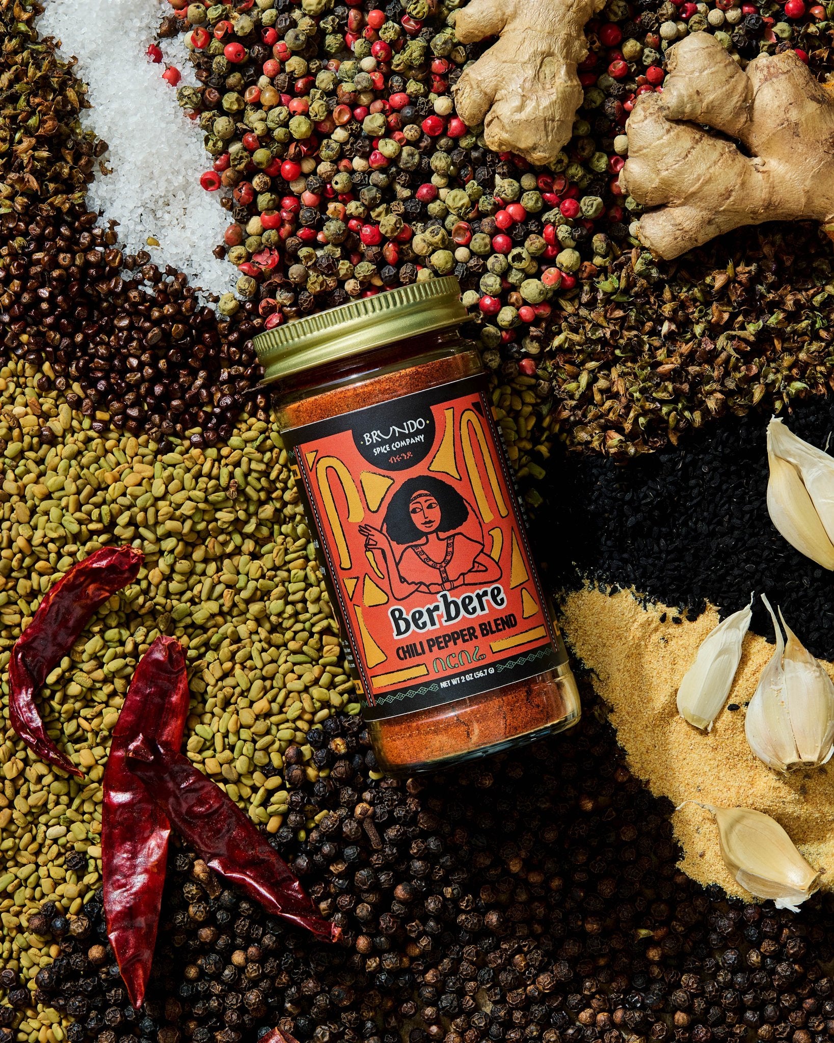 Brundo Spice Company Berbere Chili Pepper Blend pouch surrounded by garlic, dried chilies, ginger, and a variety of whole spices.